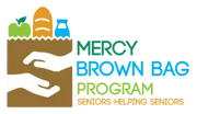 Logo for Mercy Brown Bag Program showing a paper bag with food and two hands, alongside the text "Mercy Brown Bag Program: Seniors Helping Seniors.