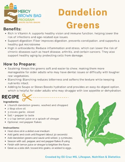 Informational flyer about dandelion greens, listing benefits, preparation tips, a recipe with ingredients, and illustrated dandelion leaves.