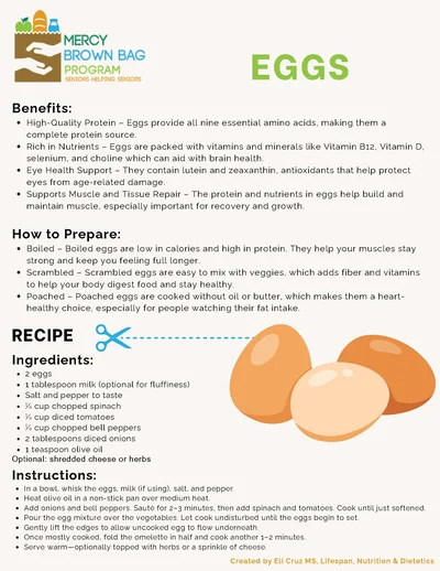 Infographic about eggs from the Mercy Brown Bag Program, listing benefits, preparation tips, a recipe for scrambled eggs, and an illustration of three eggs.