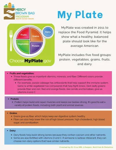 Informational poster about MyPlate, detailing the five food groups—protein, vegetables, grains, fruits, and dairy—with brief descriptions and colorful graphics.