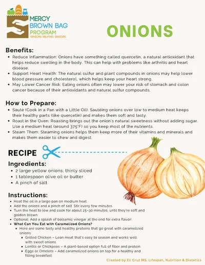 Informational flyer about onions, detailing their nutrition and health benefits, preparation methods, a basic recipe for sautéed onions, and additional serving suggestions.