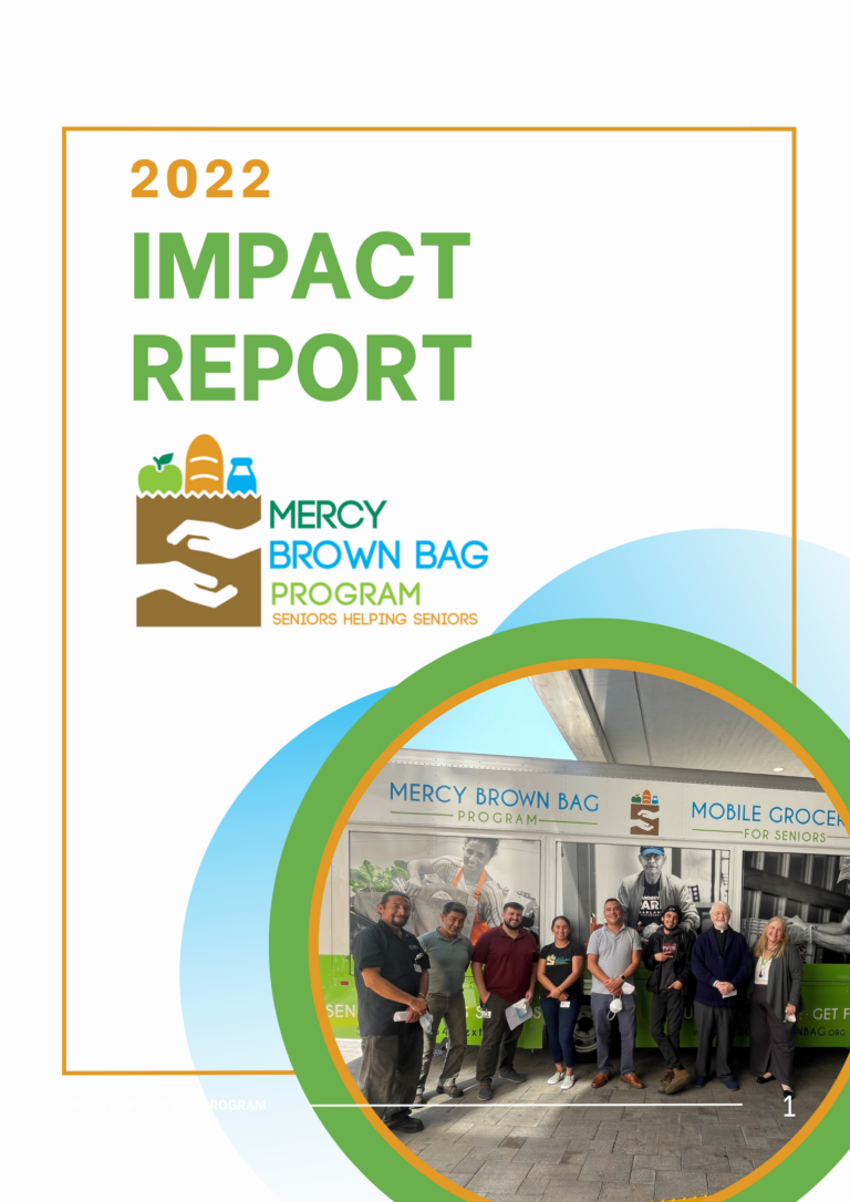 Cover of the 2022 Mercy Brown Bag Program Impact Report, featuring the program logo and a group photo taken outside a branded mobile grocery vehicle.
