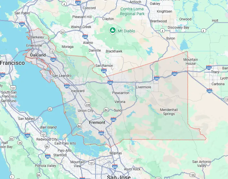 Map showing Alameda County, California, outlined in red, with surrounding cities, highways, and notable landmarks such as Mt Diablo marked.