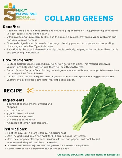 Informational flyer about collard greens, including benefits, preparation tips, and a recipe for sautéed collard greens with lemon and pepper. Includes illustrations of collard greens.