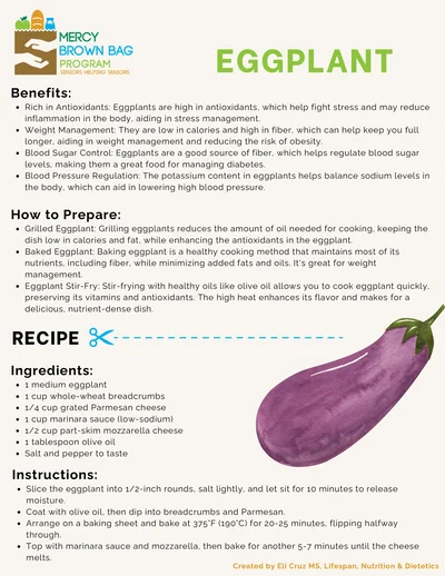 Informational flyer about eggplants, including benefits, preparation tips, and a recipe for baked eggplant rounds with step-by-step instructions and nutritional information.