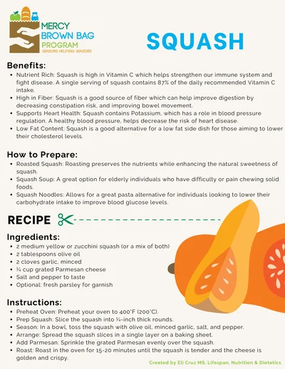 Infographic about squash with nutrition benefits, preparation tips, and a simple recipe for roasted squash, including ingredients, instructions, and nutritional highlights. Colorful illustrations of squash included.